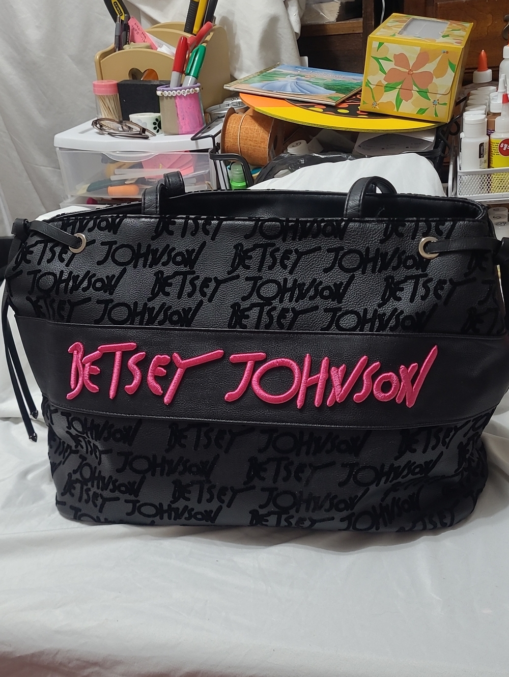 Betsey Johnson Black Tote with Hot Pink Logo Script